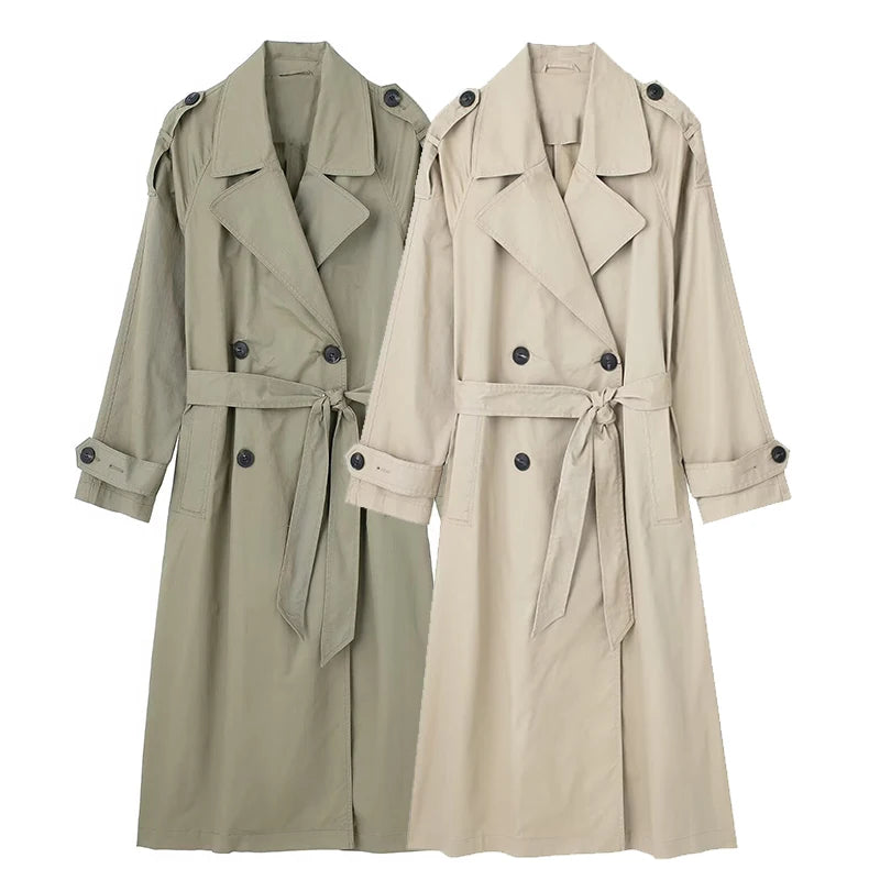 Women's Vintage Solid Double-Breasted Trench Coat with Belt