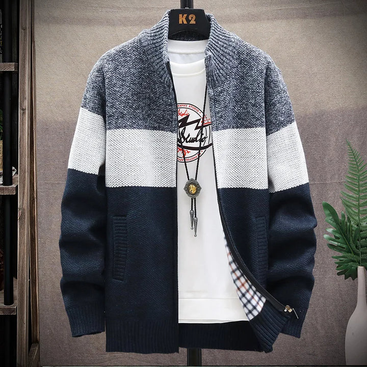 Men's Fleece Zipper Cardigan Sweater with Velvet Stripes