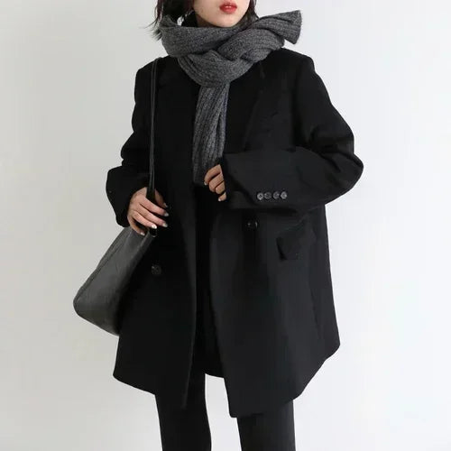 Women's Solid Wool Blend Long Blazer Coat for Fall and Winter