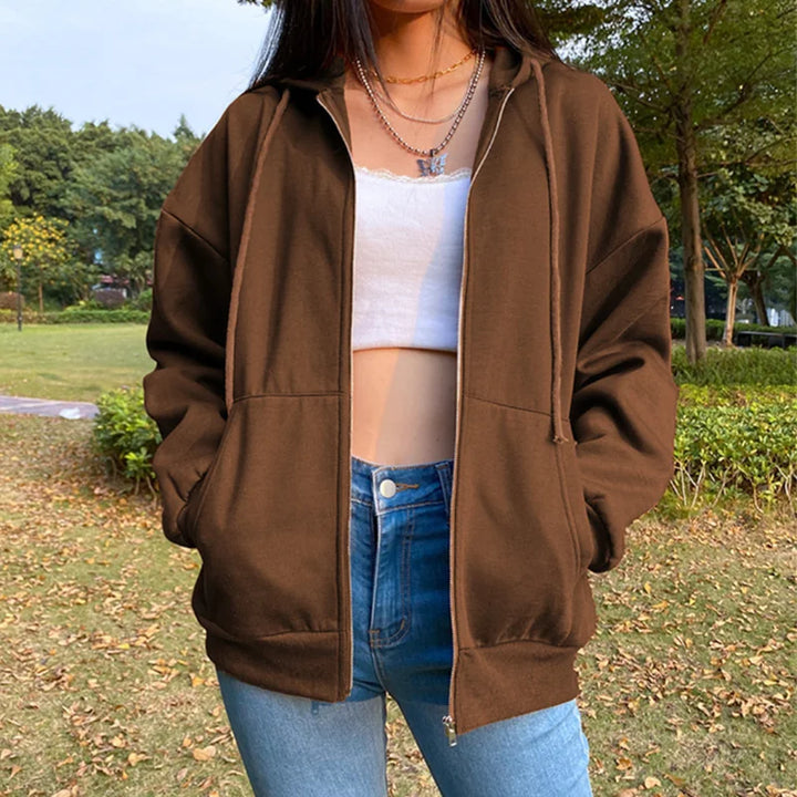 Women's Solid Color Fleece Hoodie with Pockets and Zipper