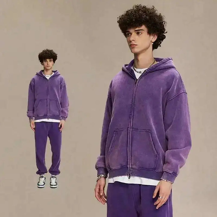 Men's Vintage Wax Print Oversized Hoodie with Zipper and Plush Lining