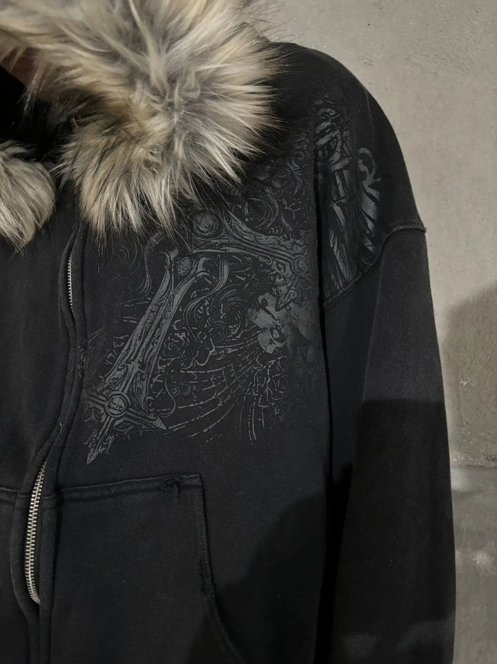 Women's Aesthetic Harajuku Faux Fur Collar Zip Up Hoodies