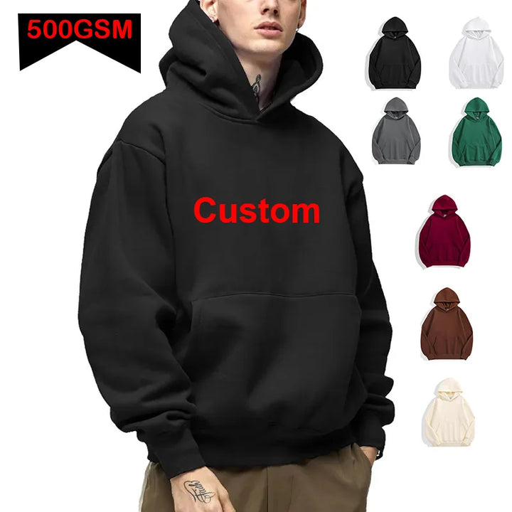 Men's Custom Logo 500GSM Heavyweight Casual Thick Cotton Hoodie