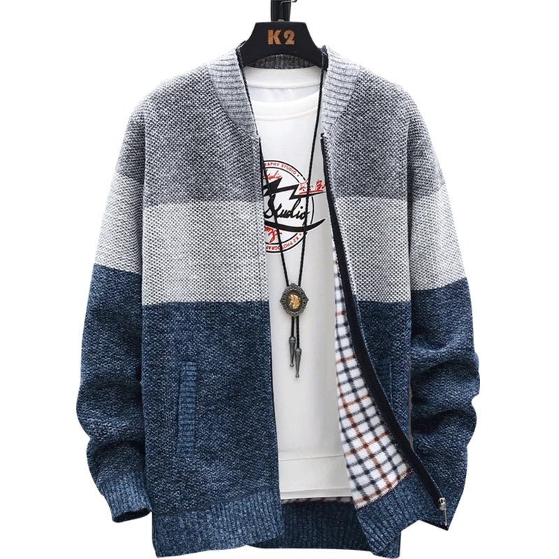 Men's Fleece Zipper Cardigan Sweater with Velvet Stripes