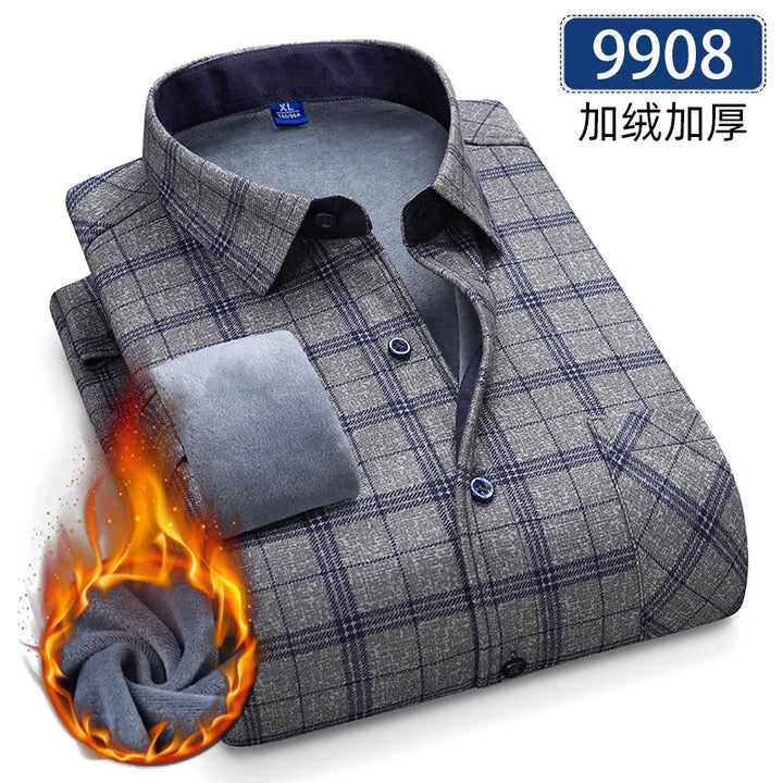 Men's Thick Fleece Long Sleeve Plaid Shirt for Autumn Winter Wear