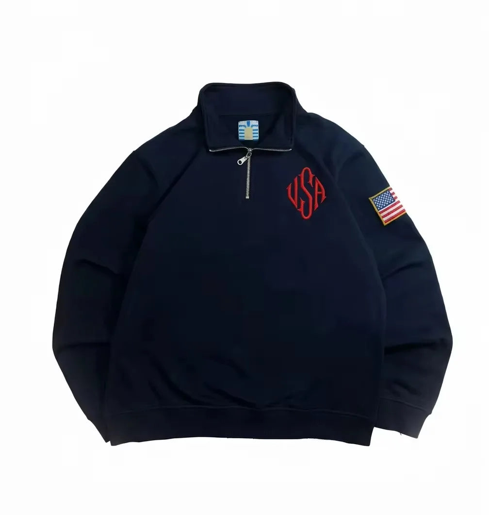 Men's Y2K Retro Quarterzip Pullover Hoodie Embroidered Casual Sweatshirt