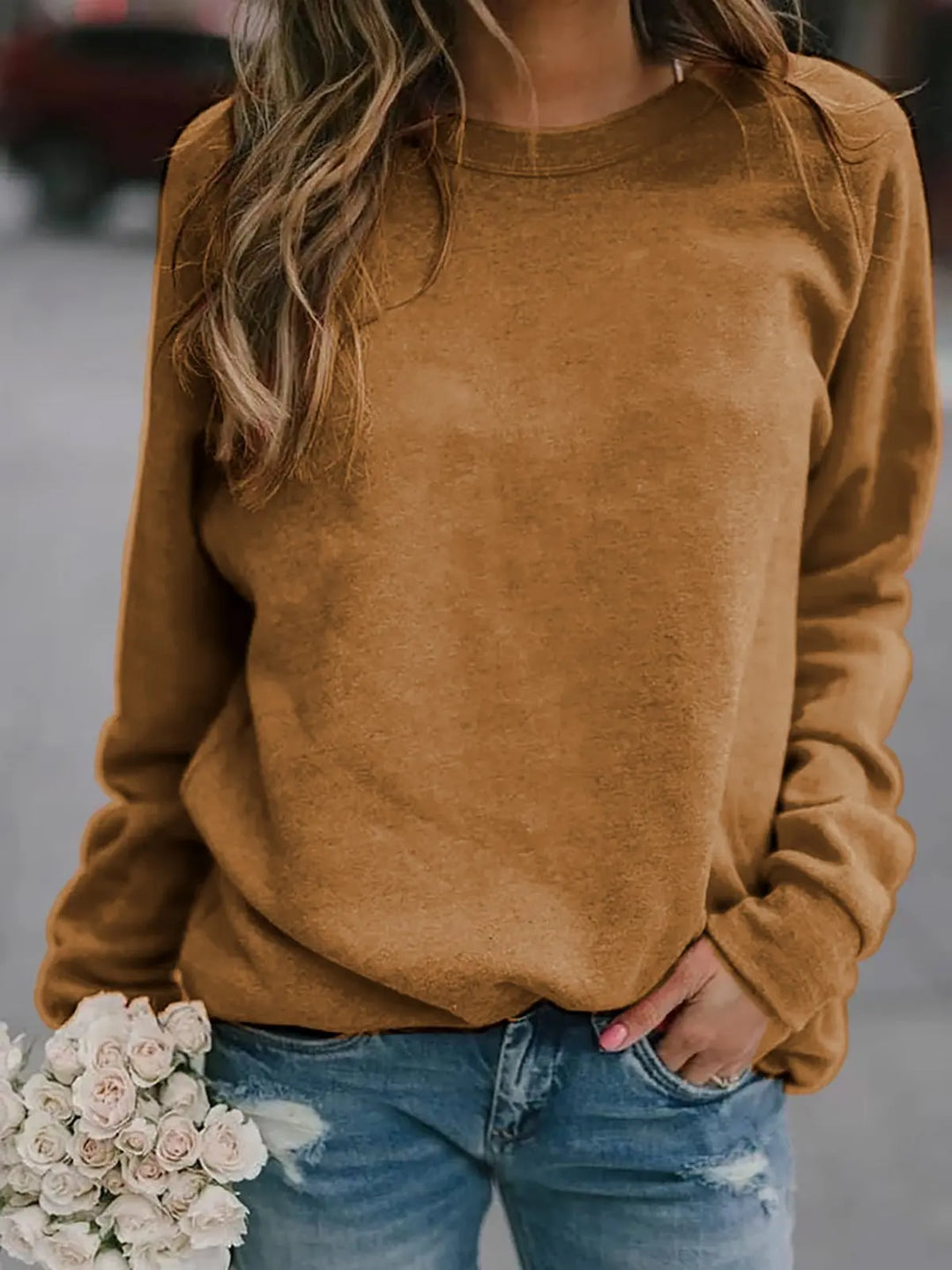 Women's Casual Solid Color Round Neck Long Sleeve Sweatshirt