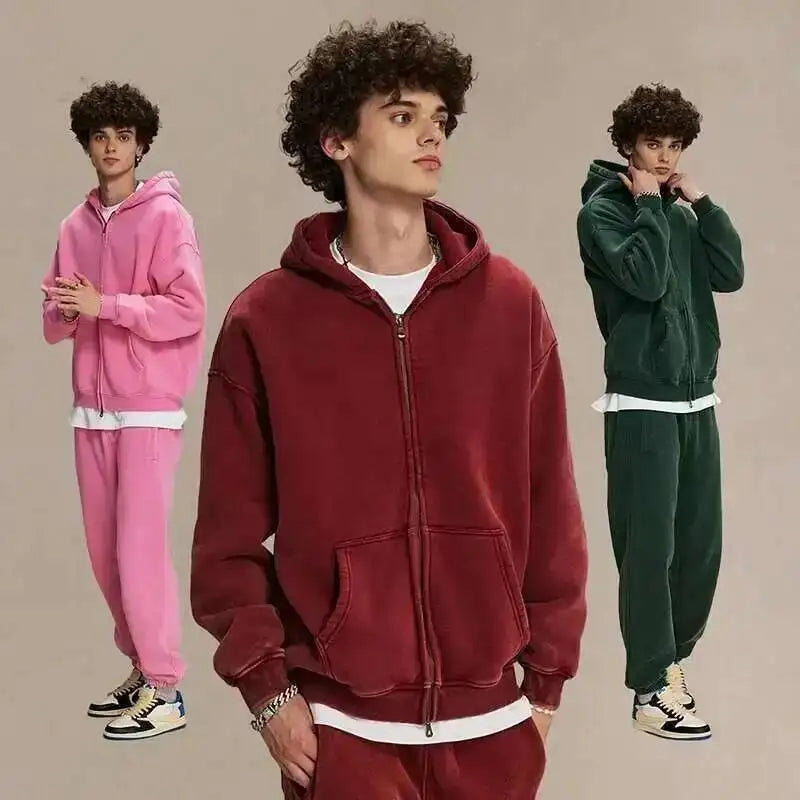 Men's Vintage Wax Print Oversized Hoodie with Zipper and Plush Lining
