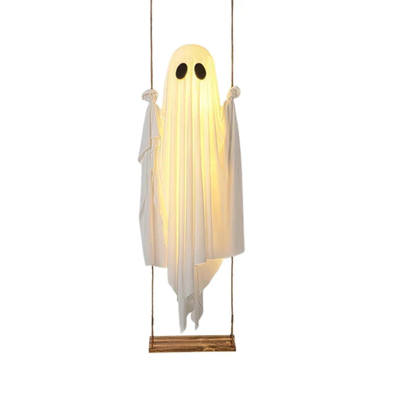 Halloween's Outdoor Ghost Swing with Lights and Wooden Seat Decor
