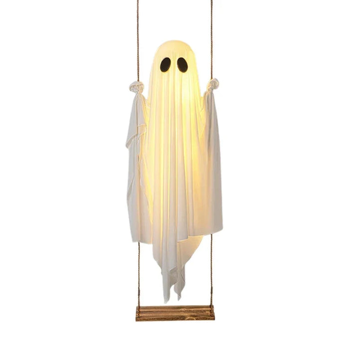 Halloween's Outdoor Ghost Swing with Lights and Wooden Seat Decor