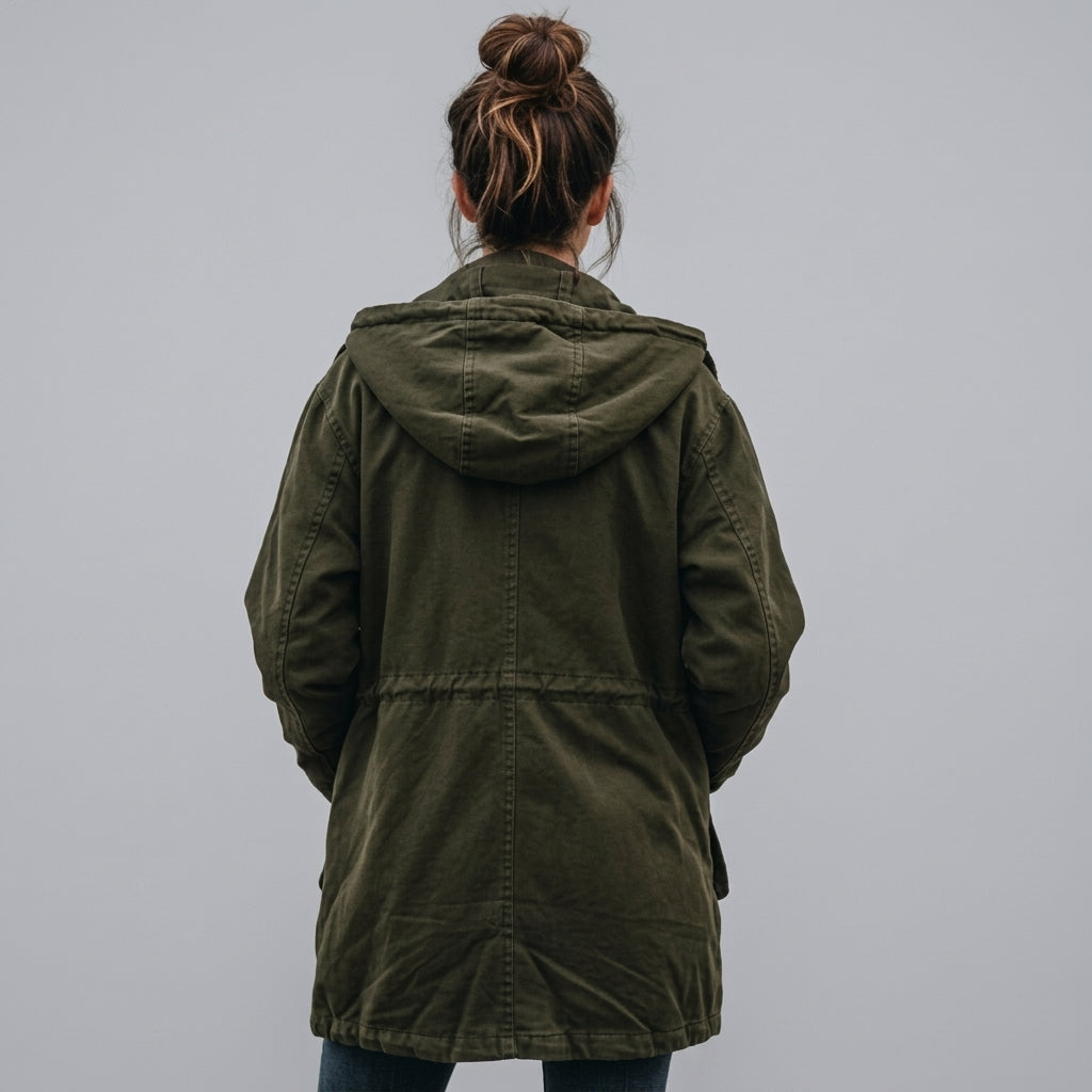 Women's Hooded Button-Front Utility Jacket with Flap Pockets