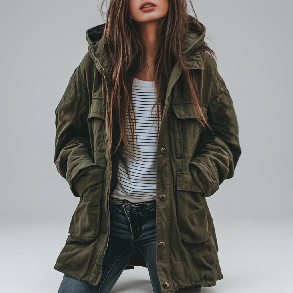 Women's Hooded Button-Front Utility Jacket with Flap Pockets