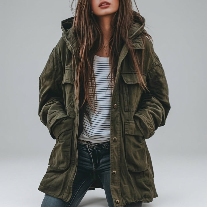 Women's Hooded Button-Front Utility Jacket with Flap Pockets