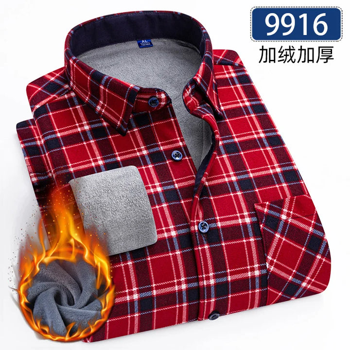 Men's Thick Fleece Long Sleeve Plaid Shirt for Autumn Winter Wear