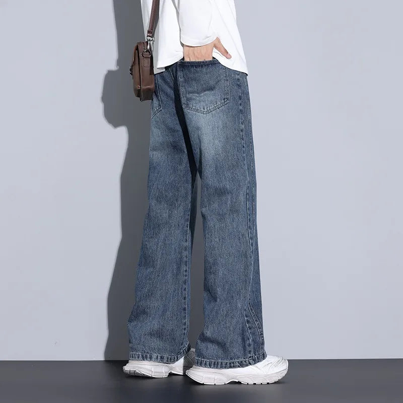 Men's Wide-Leg Denim Jeans with Drawstring Waist