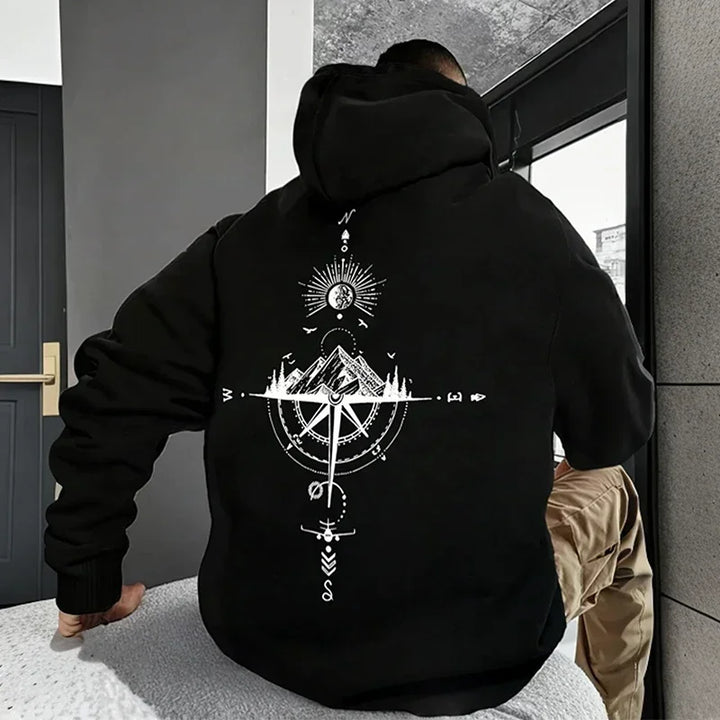 Men's Vintage Compass Print High-Quality Hooded Pullover Sweatshirt