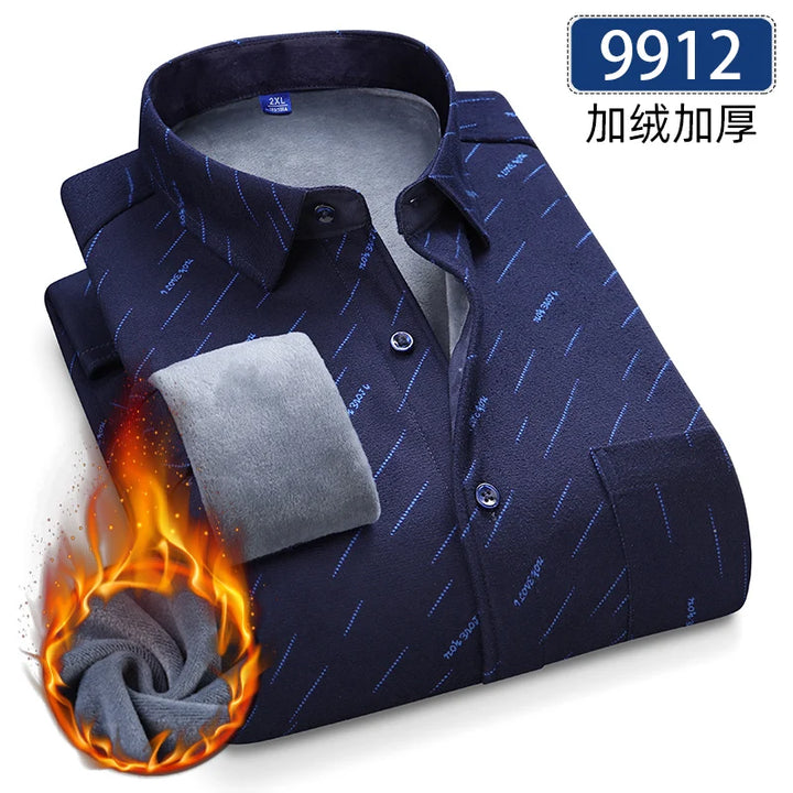 Men's Thick Fleece Long Sleeve Plaid Shirt for Autumn Winter Wear