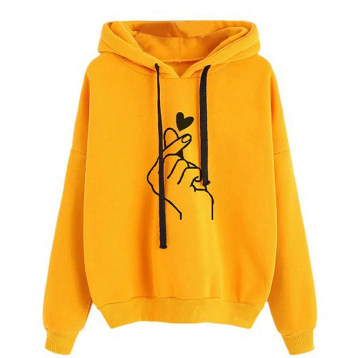 Women's Solid Color Fleece Hoodie with Finger Heart Design and Pockets