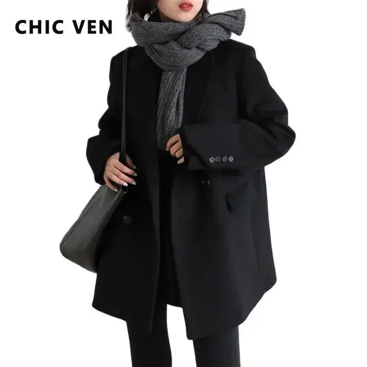 Women's Solid Wool Blend Long Blazer Coat for Fall and Winter