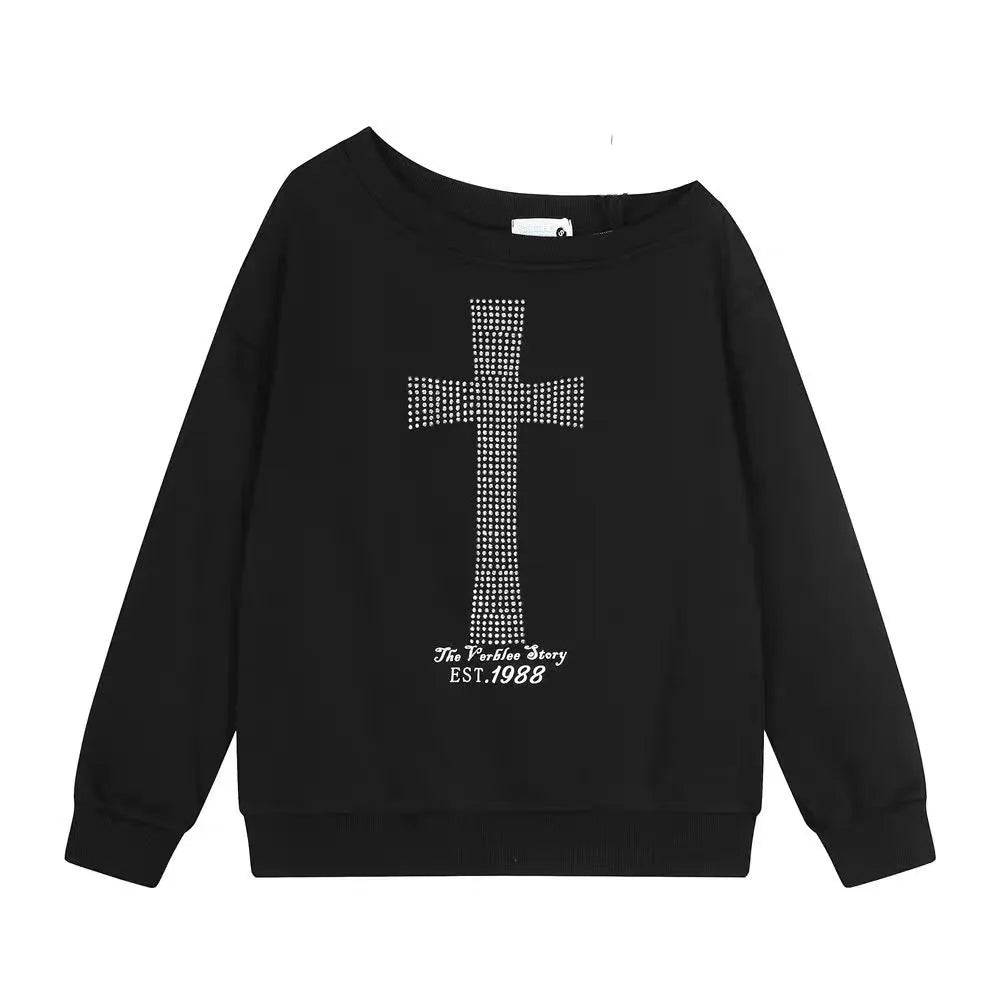 Women's Graphic One-Shoulder Long Sleeve Black Hoodie Top