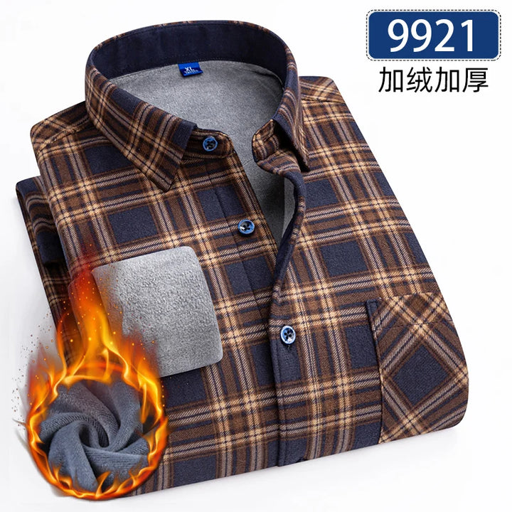 Men's Thick Fleece Long Sleeve Plaid Shirt for Autumn Winter Wear