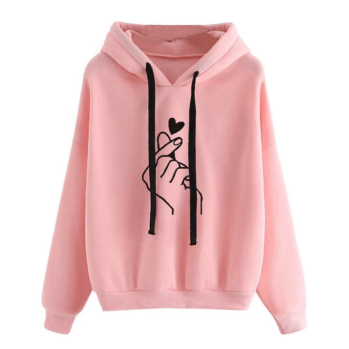 Women's Solid Color Fleece Hoodie with Finger Heart Design and Pockets