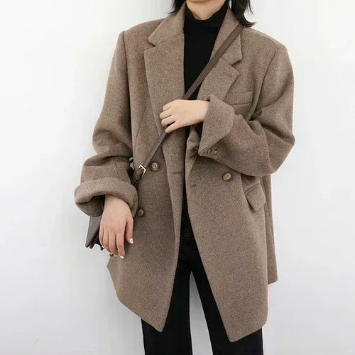 Women's Solid Wool Blend Long Blazer Coat for Fall and Winter