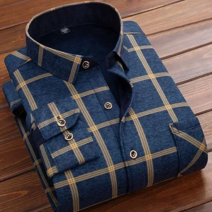 Men's Winter Warm Long Sleeve Plaid Flannel Shirt with Fur Lining