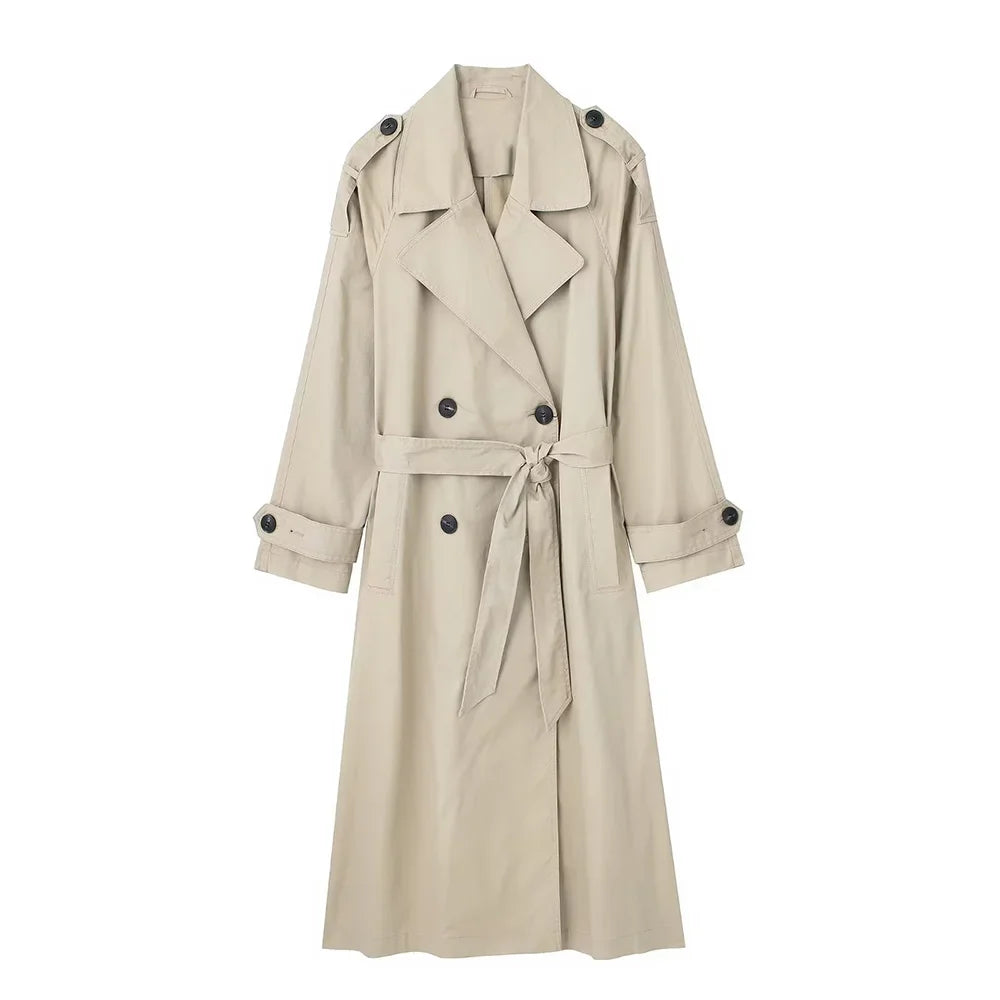 Women's Vintage Solid Double-Breasted Trench Coat with Belt