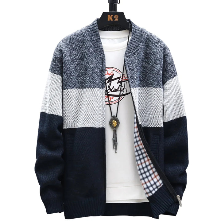 Men's Fleece Zipper Cardigan Sweater with Velvet Stripes
