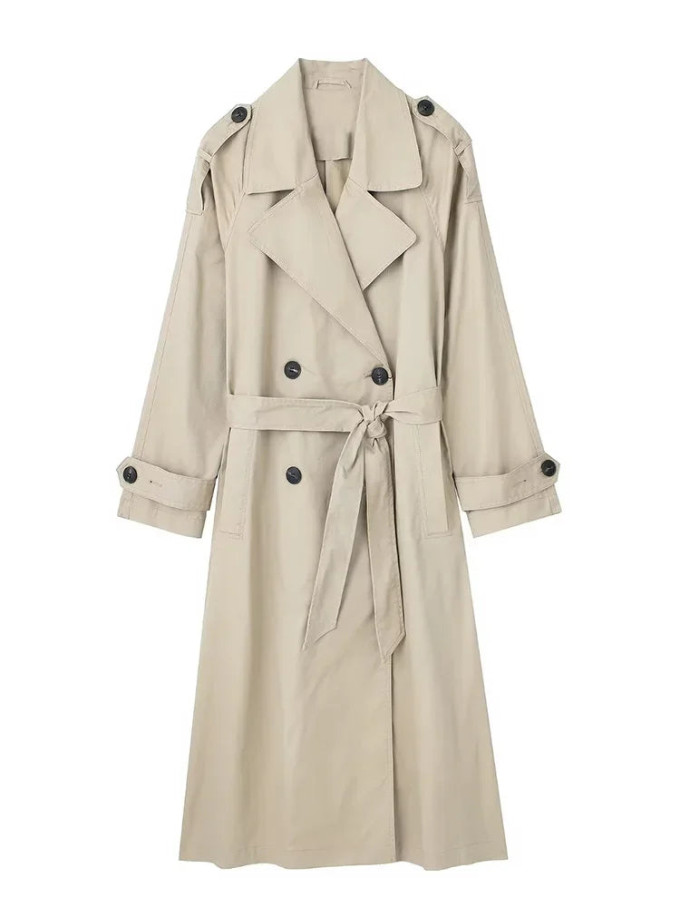 Women's Vintage Solid Double-Breasted Trench Coat with Belt