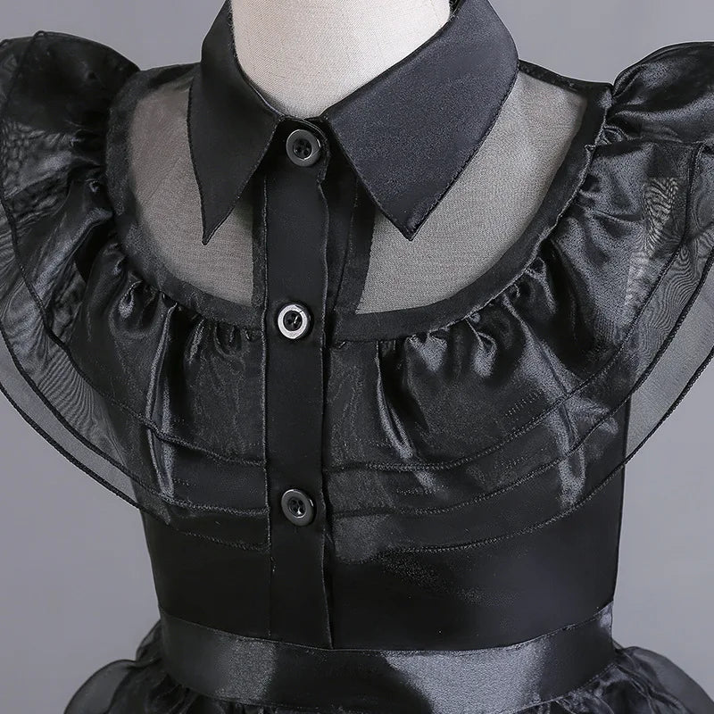 Halloween's Black Layered Cake Gown with Mesh Details for Girls