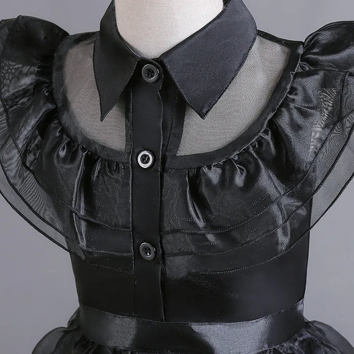 Halloween's Black Layered Cake Gown with Mesh Details for Girls