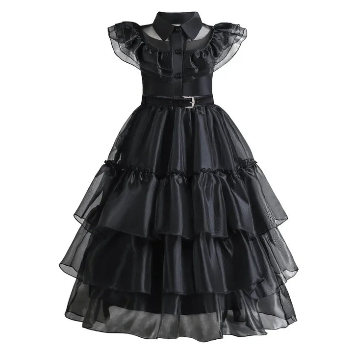 Halloween's Black Layered Cake Gown with Mesh Details for Girls