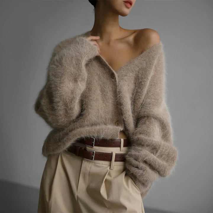 Women's Fuzzy V-Neck Knit Cardigan