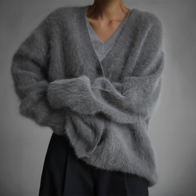 Women's Fuzzy V-Neck Knit Cardigan