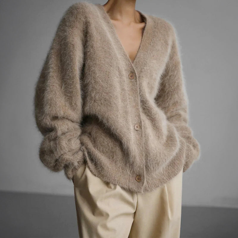 Women's Fuzzy V-Neck Knit Cardigan