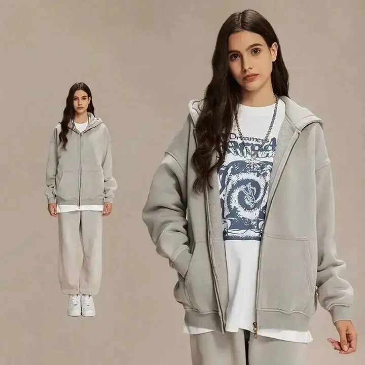 Men's Vintage Wax Print Oversized Hoodie with Zipper and Plush Lining