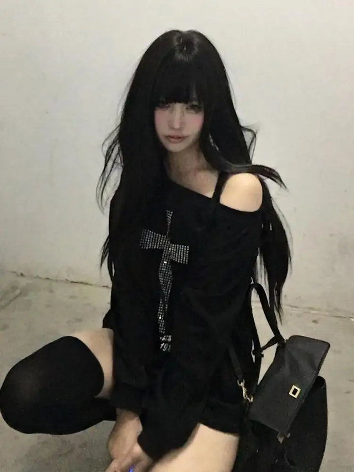 Women's Graphic One-Shoulder Long Sleeve Black Hoodie Top