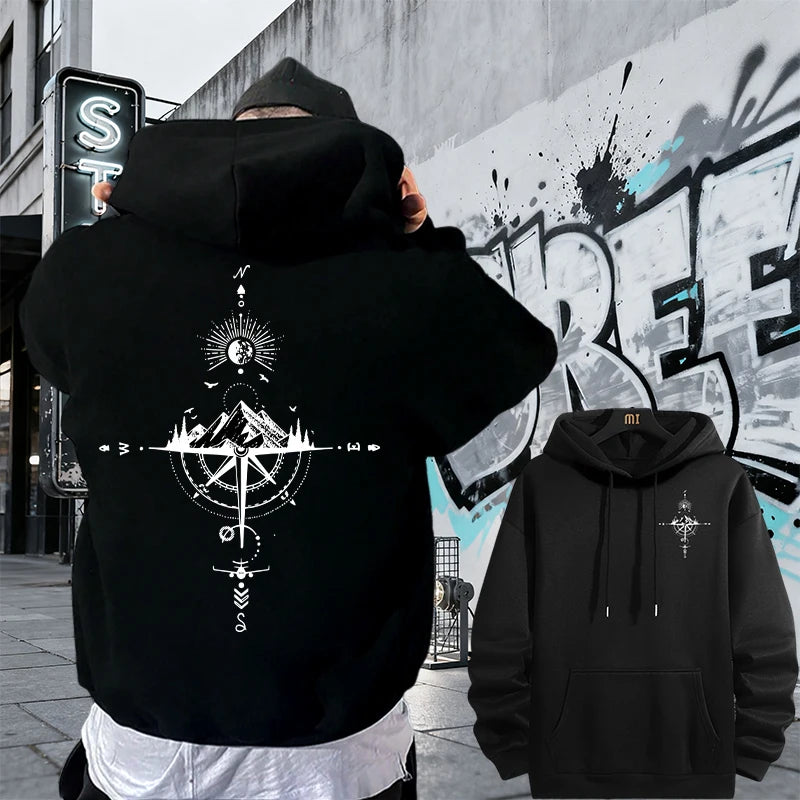 Men's Vintage Compass Print High-Quality Hooded Pullover Sweatshirt