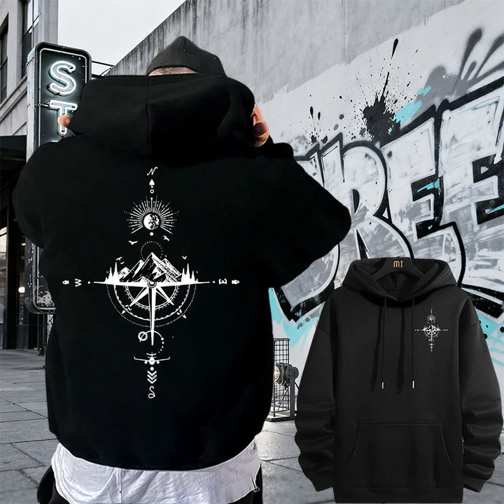 Men's Vintage Compass Print High-Quality Hooded Pullover Sweatshirt