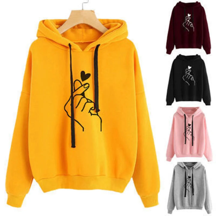 Women's Solid Color Fleece Hoodie with Finger Heart Design and Pockets