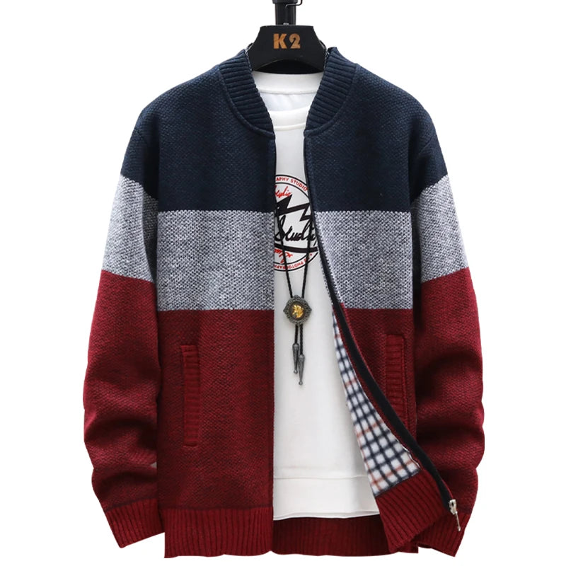 Men's Fleece Zipper Cardigan Sweater with Velvet Stripes