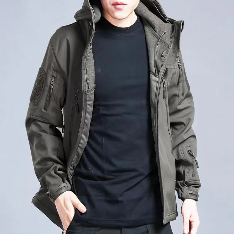 Men's Softshell Fleece Jacket - Windproof Hooded Coat for Outdoor Activities