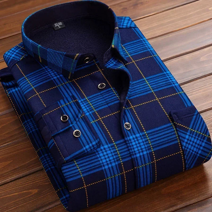 Men's Winter Warm Long Sleeve Plaid Flannel Shirt with Fur Lining