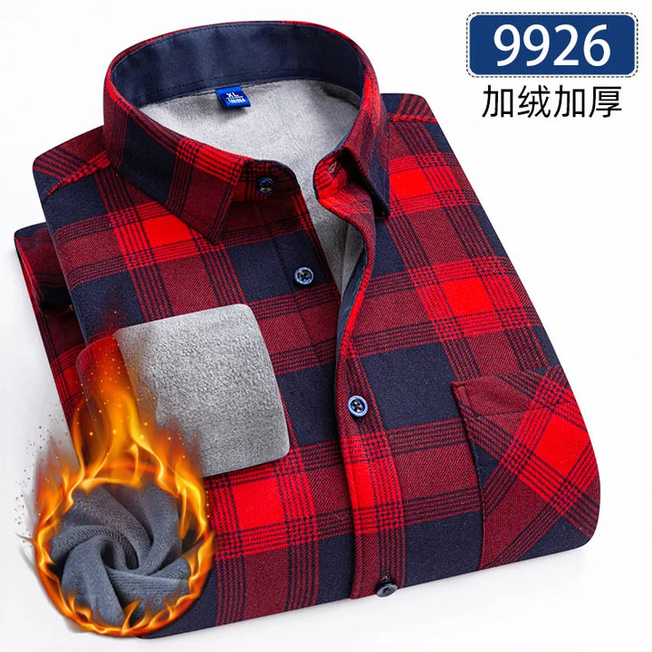 Men's Thick Fleece Long Sleeve Plaid Shirt for Autumn Winter Wear