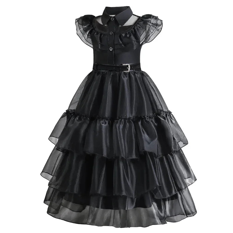 Halloween's Black Layered Cake Gown with Mesh Details for Girls
