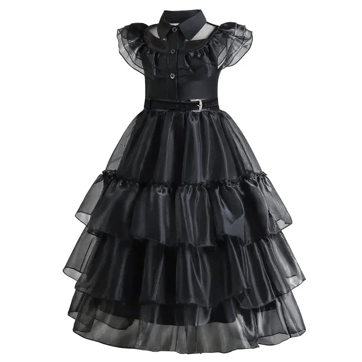 Halloween's Black Layered Cake Gown with Mesh Details for Girls