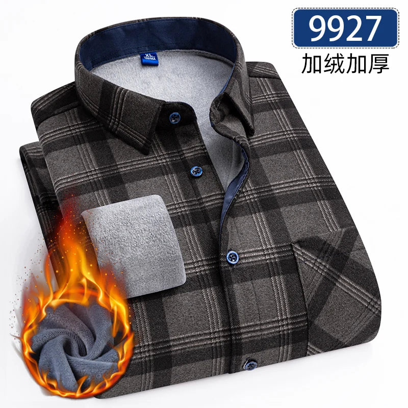 Men's Thick Fleece Long Sleeve Plaid Shirt for Autumn Winter Wear