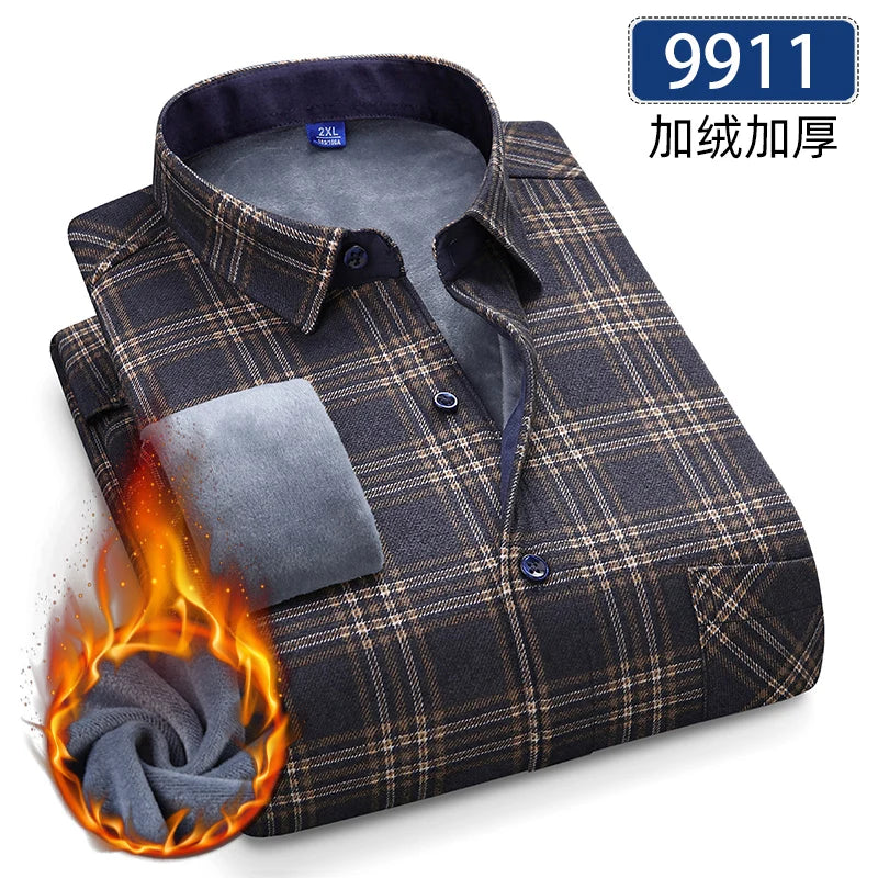 Men's Thick Fleece Long Sleeve Plaid Shirt for Autumn Winter Wear